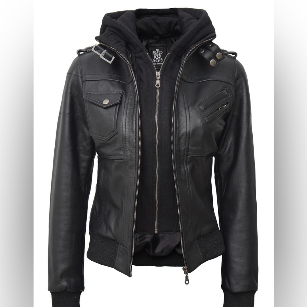 Genuine Leather Black Moto Jacket w/ Hood • New • Real Leather
